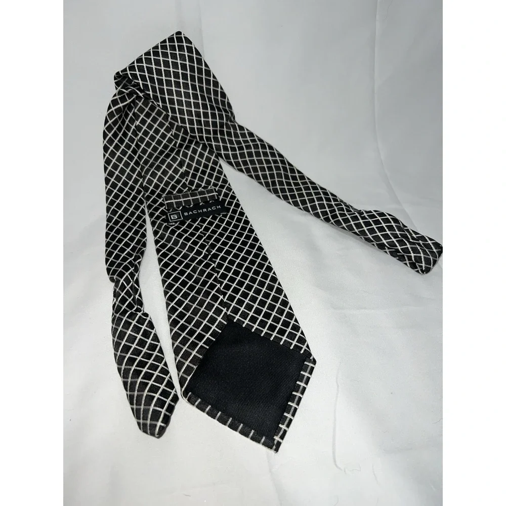 Bachrach Black Silver White Striped 100% Silk Men's Necktie